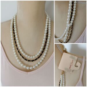 NWT Red Camel 22" Dark Night Triple Layer Faux Pearl & Chain Necklace Statement